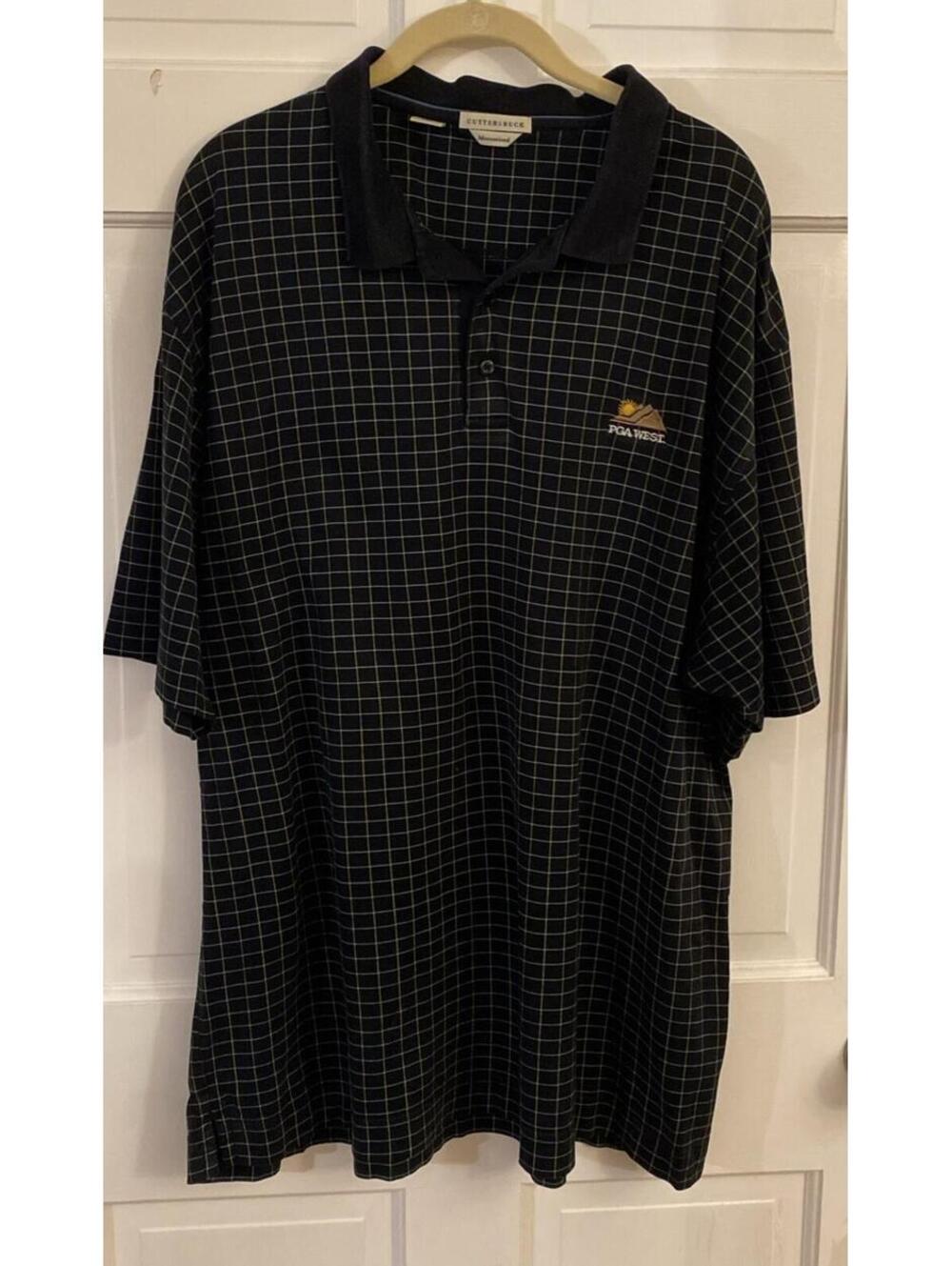 Cutter And Buck PGA Tour Golf West Polo Shirt Men's Black/Yellow/White Plaid XL